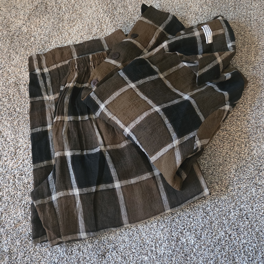 Transparente Brown and Black Plaid Pants/shirt Linen Set. Measurments In Pics